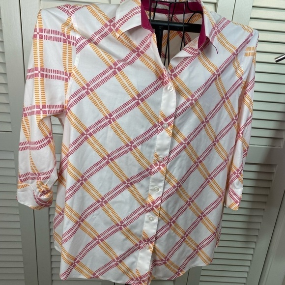 Chico's Tops - Chico’s size 3 pink orange checked with 3/4 length sleeves button down stretch